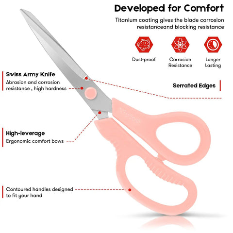 Three Pack 8 Inch All Purpose Scissors Heavy Duty Ergonomic Comfort Grip Workhorse For Office Home School Arts And Crafts Cutting Paper Cardboard Fabric Photos Projects pink scissors with stainless steel blades