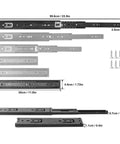Eight Pack Built Tough Black Full Extension Drawer Slides Side Mount Ball Bearing Cabinet Rails With Mounting Screws dimensions and details.