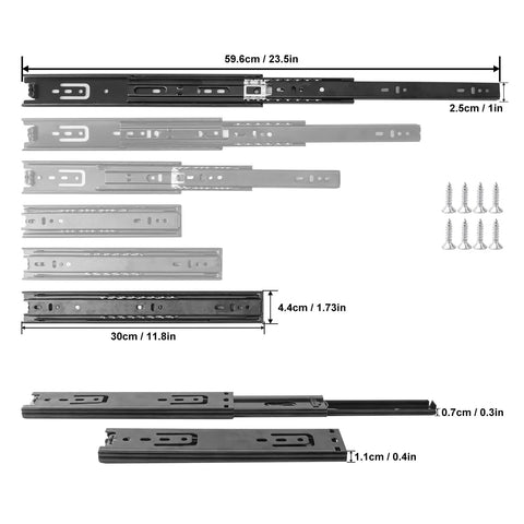 Eight Pack Built Tough Black Full Extension Drawer Slides Side Mount Ball Bearing Cabinet Rails With Mounting Screws dimensions and details.