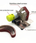 Mini Electric Belt Grinder Machine Sharpener And Polisher Tool with DC motor, stainless steel screws, and abrasive belt.