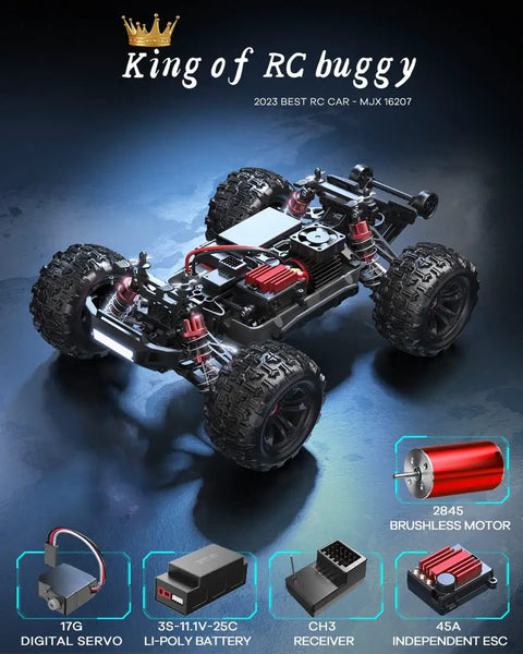 Image of MJX Hyper GO 16207 1 By 16 Scale Brushless RC Buggy with exposed components, 3S battery, and 4WD off-road design.