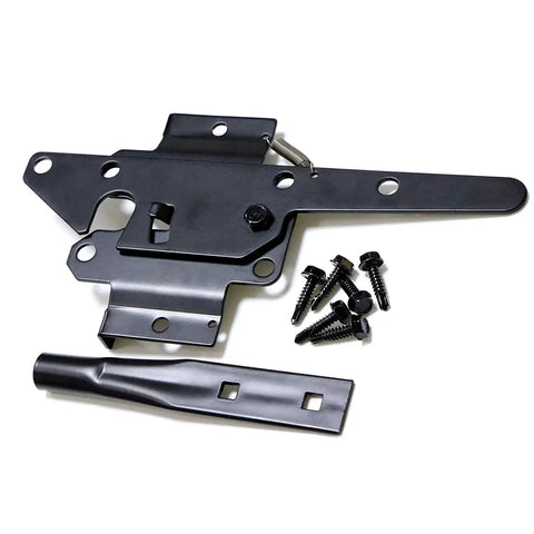 Heavy Duty Self Locking Post Mount Automatic Gravity Lever Gate Latch For Wooden Fences With Fasteners Black Powder Coated Steel Gate Latch To Secure Pool Yard Garden And Outdoor Space, with screws