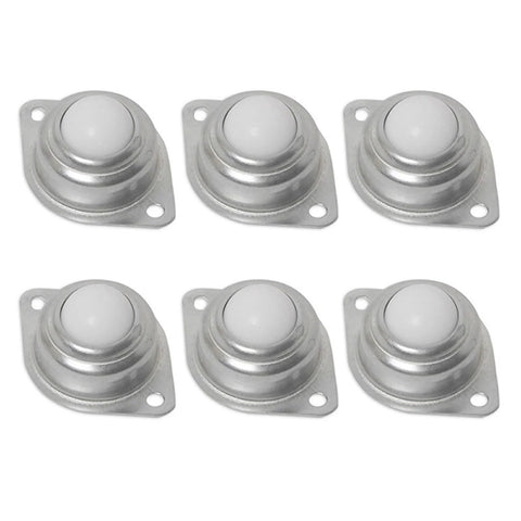 Six silver roller ball transfer bearings with flange mounting plates for omni-directional movement