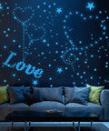 Glow In The Dark Star And Moon Stickers Kit With 1120 Pieces For Ceiling Decor in a living room setting with glowing star patterns