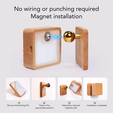 Wooden Magnetic Wall Sconce Night Light With Gravity Sensor, Dimmable And Rechargeable, wireless, showing magnetic installation steps