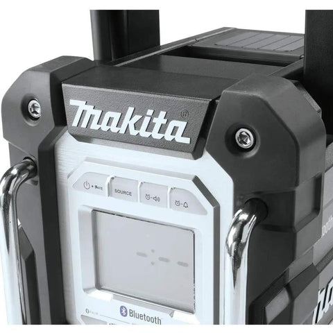Close-up of control panel on 18V LXT Cordless Bluetooth Job Site Radio with FM Stereo Clock and Snooze, rugged construction.