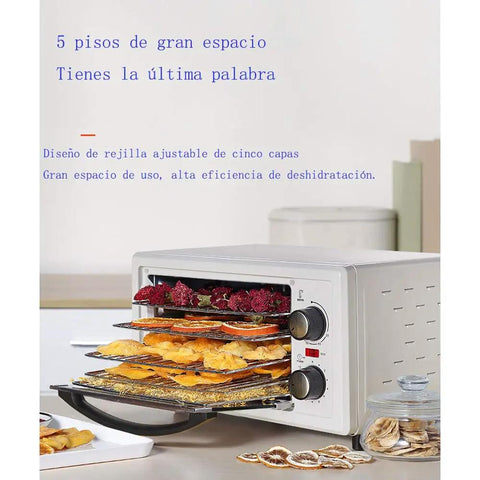 Built Tough Five Layer Food Dehydrator With Sleek Digital Temp And Timer Controls showing stacked trays of dried fruits and veggies.