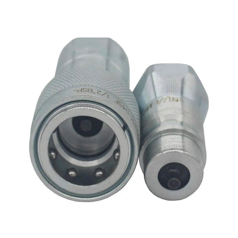 Two Sets One Quarter Inch ISO 5675 Carbon Steel Hydraulic Quick Disconnect Couplings With Poppet Valve And Dust Cap Set, close up view.