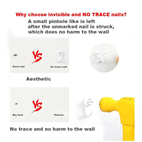 Comparison of Traceless Wall Hangers 40 Piece Set Invisible Nail Hooks showing small pinhole versus large hole on wall surface.