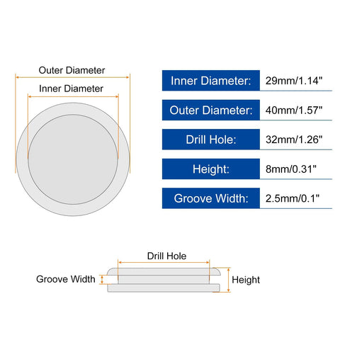 Diagram showing Five Pack Rubber Grommets Black 1-1/4 Inch Outer Diameter, 1-1/8 Inch Inner Diameter (29mm) fits 32mm drill holes.