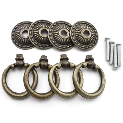 Antique Bronze Ring Knob Pull Handles 4 pack with matching screws for drawers cabinets dressers cupboards and jewelry boxes