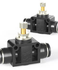 Inline Pneumatic Air Flow Control Valve With Push To Connect Fittings For Low Speed Cylinders Pack Of Five Plug And Play One Quarter Inch Tube OD To One Quarter Inch Tube OD 0 To 145 PSI 32 To 140 F Plastic Copper Build displayed separately on white background.