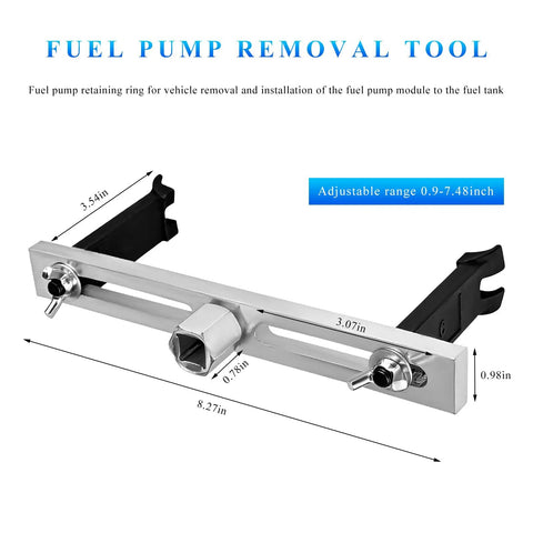 Grease Monkey Approved No Sweat Fuel Pump Removal Tool with extended lever, adjustable range 0.9-7.48 inch, heavy steel design.