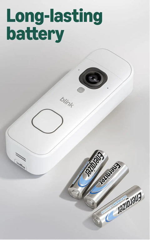 Totally Wire Free Wireless Video Doorbell Camera With Killer 2K Definition And Head To Toe View Featuring Enhanced Audio and Sync Hub showing long-lasting battery with Energizer cells.