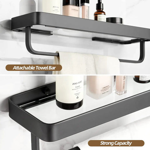 Two Tier Wall Mounted Glass Bathroom Shelves With Floating Tempered Glass Design Rustproof Black Finish Easy Install Durable Bathroom Organizer For Towels Toiletries And Essentials Boss Level Storage with attachable towel bar shown.
