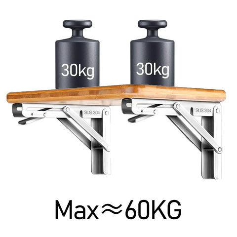 Heavy Duty Shelf Brackets 2 Pack 8 Inch Folding Wall Mount Supports Stainless Steel with weights showing 60KG max load.