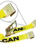 Built Tough Heavy Duty Ratchet Strap Set With Flat Hooks 4 Inch By 27 Foot 2 Pack Bright Yellow Load Tie Downs close-up.