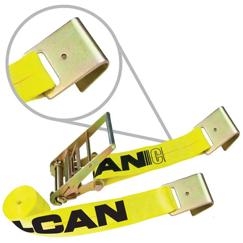Built Tough Heavy Duty Ratchet Strap Set With Flat Hooks 4 Inch By 27 Foot 2 Pack Bright Yellow Load Tie Downs close-up.
