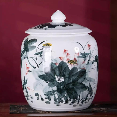 Makes Your Kitchen Vibe Level Up With This Retro Ceramic Rice Dispenser That Traps Freshness For Flour Sugar And Coffee Beans Using A Dead On Airtight Seal And Trendy Tassel Handle Massive 25kg Canister, beautifully decorated ceramic jar.