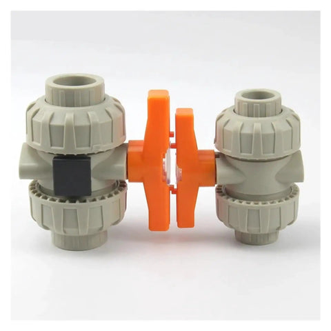 Rock Solid Double True Union Ball Valve For Heavy Duty Industrial Water Lines with orange handle connection.