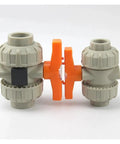 Top Shelf Double True Union Ball Valve 20Mm To 50Mm Industrial Pipe Connector with orange handle and gray fittings.