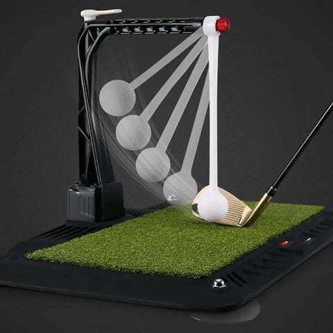 Golf Swing Trainer Putting Mat With 360 Degree Ball Return, Height Adjustable Practice Aid with green mat and swing path view.