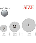 Size comparison of Dope Tinplate Button Pins With Plastic Backs For Clothing And Bags, showing small, medium, large dimensions.