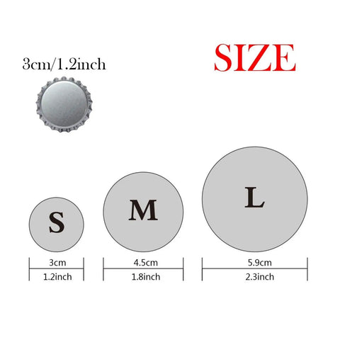 Size comparison of Dope Tinplate Button Pins With Plastic Backs For Clothing And Bags, showing small, medium, large dimensions.