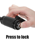 Five Eighth Inch Trailer Hitch Lock With Extra Long Four And A Half Inch Span For Three Inch Receivers Plus Two And A Half Inch And Two Inch Adapters Anti Rattle O Rings Locking Hitch Pin To Keep Your Trailer Truck Or Car Safe. Hand locking mechanism close-up.