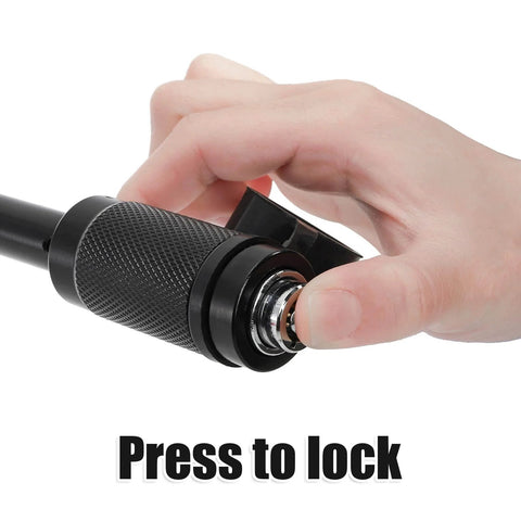 Five Eighth Inch Trailer Hitch Lock With Extra Long Four And A Half Inch Span For Three Inch Receivers Plus Two And A Half Inch And Two Inch Adapters Anti Rattle O Rings Locking Hitch Pin To Keep Your Trailer Truck Or Car Safe. Hand locking mechanism close-up.