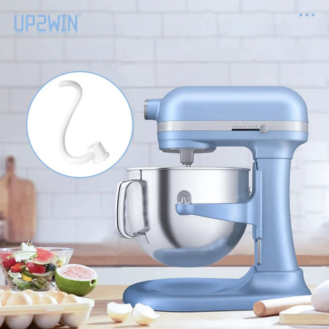 Coated Spiral Dough Hook Replacement For Lift Stand Mixers with blue mixer and stainless steel bowl in kitchen setting