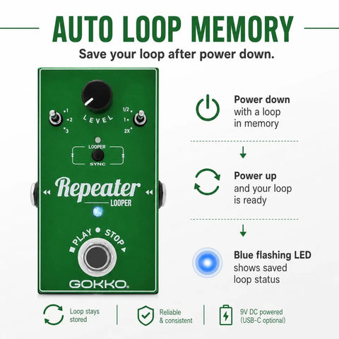 Ten Minute Electric Guitar Loop Pedal With Unlimited Overdubs Undo Redo Auto Loop Memory Loop Station And True Bypass Compact Repeater Looper display