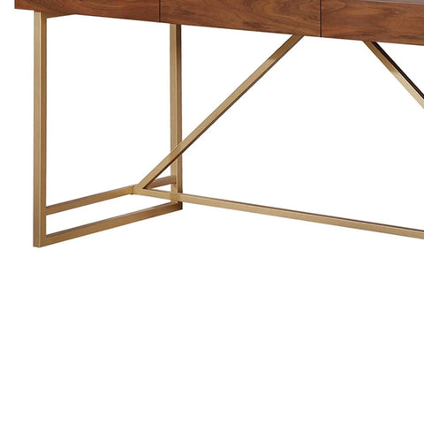 Game Changing Adjustable Standing Desk With Dang Sturdy Gold Metal Legs And Smooth Walnut Top Featuring No Sweat Height Adjustments For Cozy Bedrooms Or Epic Gaming Setups close-up of gold metal legs and walnut top.