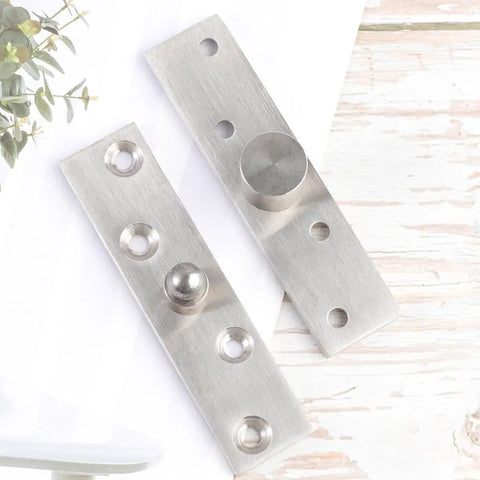 360 Degree Rotating Stainless Steel Pivot Door Hinge For Wooden And Aluminum Frame Doors Featuring Vertical Shaft Hidden Heavy Duty Pivot DIY Home Improvement And Furniture Projects, showing two hinge pieces with holes.