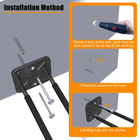 Installation method for Beefy 12.4 Inch Heavy-Duty Wall Mount Garage Hooks 2-Pack Rustproof Steel Hangers showing drill and anchor setup.