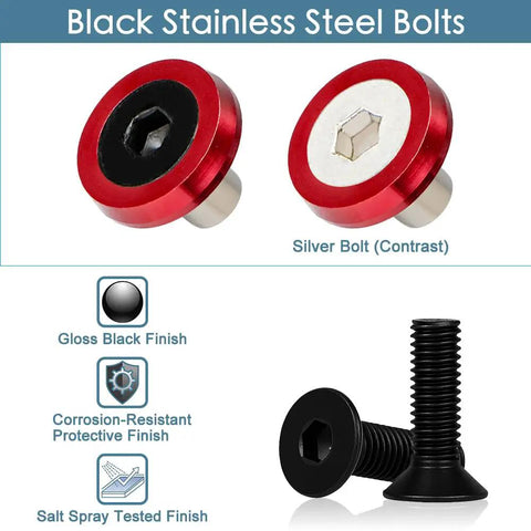 18mm Red Flat Black Bolt Washer Kit For Widebody Fender Flares Stealth Aluminum Hardware Pack shown with black and silver bolts
