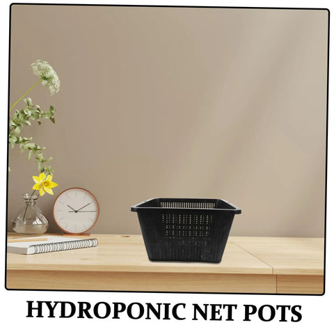Hydroponic Net Pots And Mesh Grow Bags For Indoor Aquatic Plants, black plastic mesh grow pot on wooden table