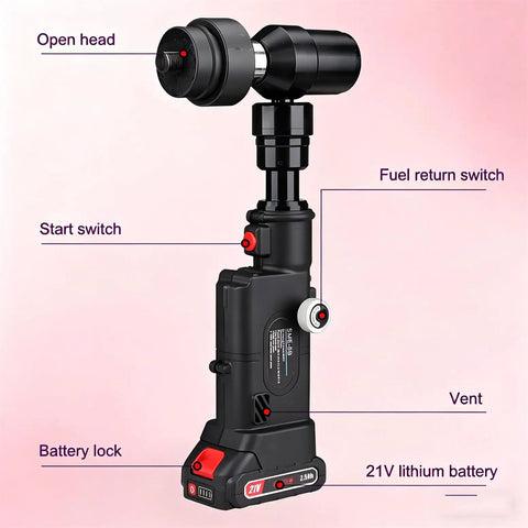 Rechargeable Hydraulic Hole Punch Kit With Six Dies 22 To 60Mm, 21V Cordless Punch Tool showing switches and battery details