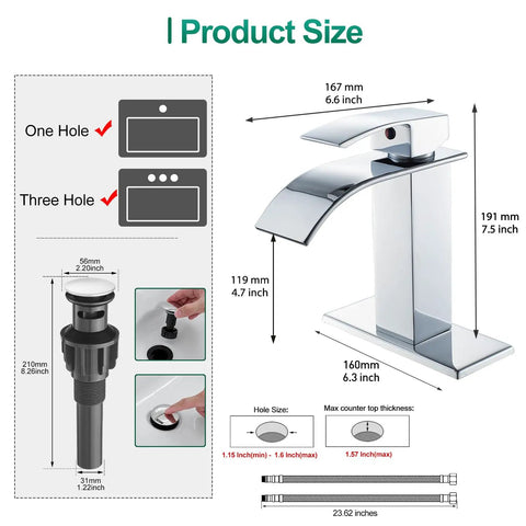 Chrome Waterfall Bathroom Faucet With Modern Single Handle for 1 or 3 Holes includes deck plate and pop-up drain dimensions
