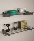 Go-To Overhead Garage Storage System Wall Shelves Bundle 2-Pack For Ceiling Storage with tools and storage items on shelves