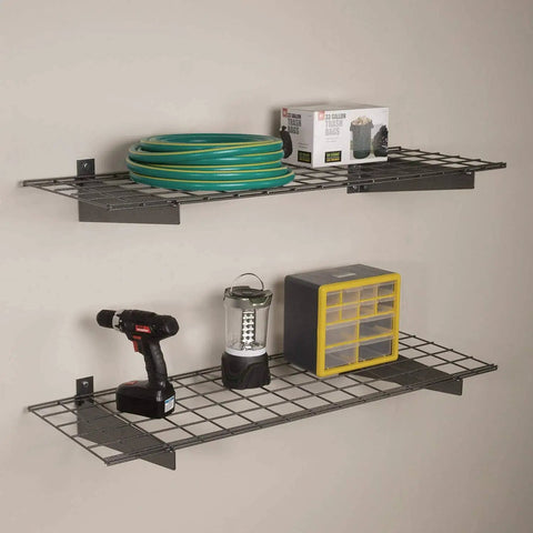 Go-To Overhead Garage Storage System Wall Shelves Bundle 2-Pack For Ceiling Storage with tools and storage items on shelves