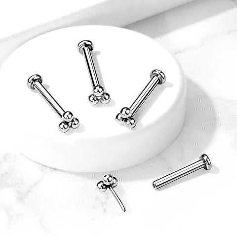 Gold PVD Titanium Threadless Push In Triple Ball Cluster Flat Back Ear Stud For 16 20 Gauge 6mm Or 8mm Bar Length 3mm Balls Implant Grade ASTM F 136 Body Jewelry, side view