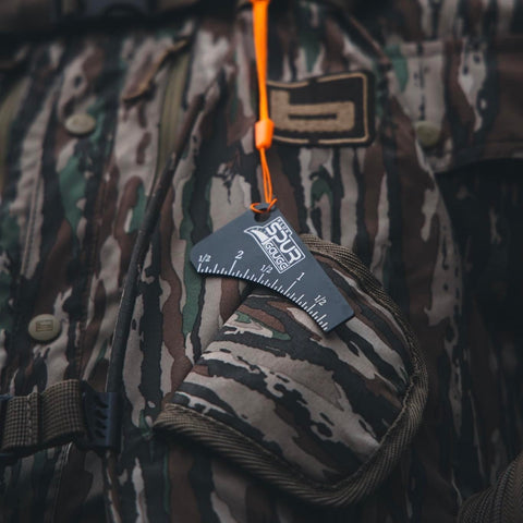 Custom Calls Spur Gauge Anodized Aluminum Black Turkey Spur Measurement Tool US Patent D878224S on camo vest