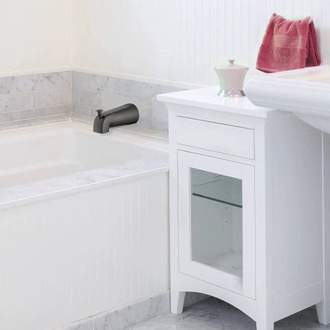 Slip On Tub Diverter Spout 5 Inch Oil Rubbed Bronze Pull Up Diverter Half Inch Slip Fit Set Screw No Fuss Install Zinc Construction Durable Tub Shower Diverter Compatible With Multiple Shower Trim Options on tub near white cabinet