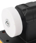 Pocreation Cordless Mini Bench Grinder, Versatile 20V Wheel Sander Polisher with white polishing wheel and black casing.