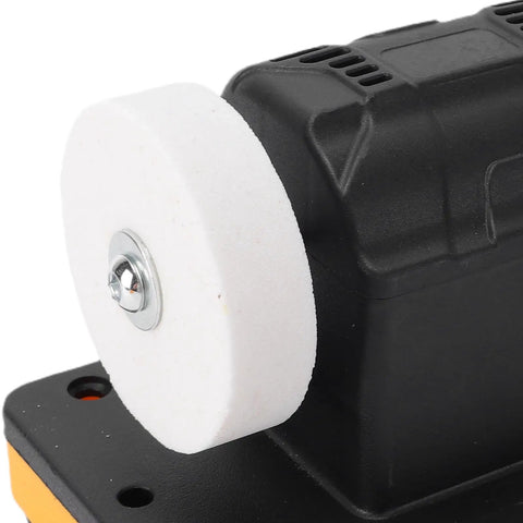 Pocreation Cordless Mini Bench Grinder, Versatile 20V Wheel Sander Polisher with white polishing wheel and black casing.