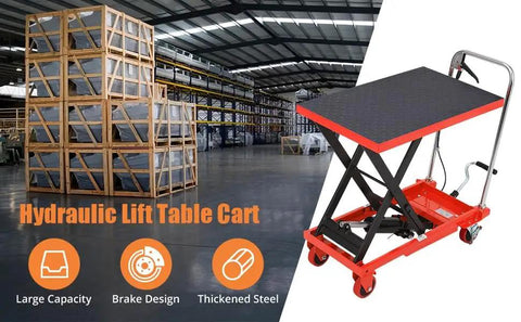 Heavy Duty Hydraulic Lift Table Cart 500 Lb Capacity Single Scissor Pump in warehouse, featuring non-slip platform and swivel wheels.