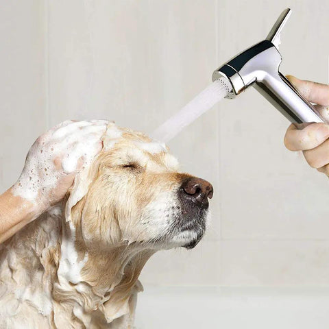Pet Shower Attachment Kit With Handheld Sprayer in use on large dog during bath, showing high pressure water stream