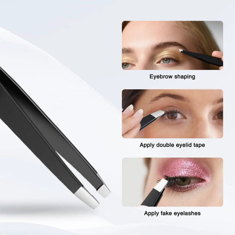 4-Piece Pro Tweezers Set For Brows, Facial Hair, Splinters And Ingrown Hairs With Precision Tips, stainless steel, in use examples