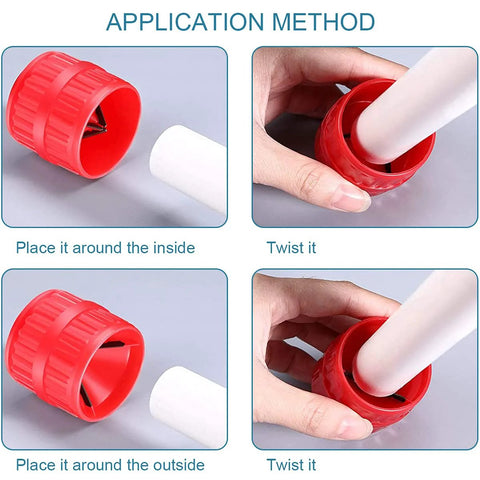 Two-piece red plastic inner-outer pipe deburring reamer for PVC and metal tubes (3/16–1-1/4 in)